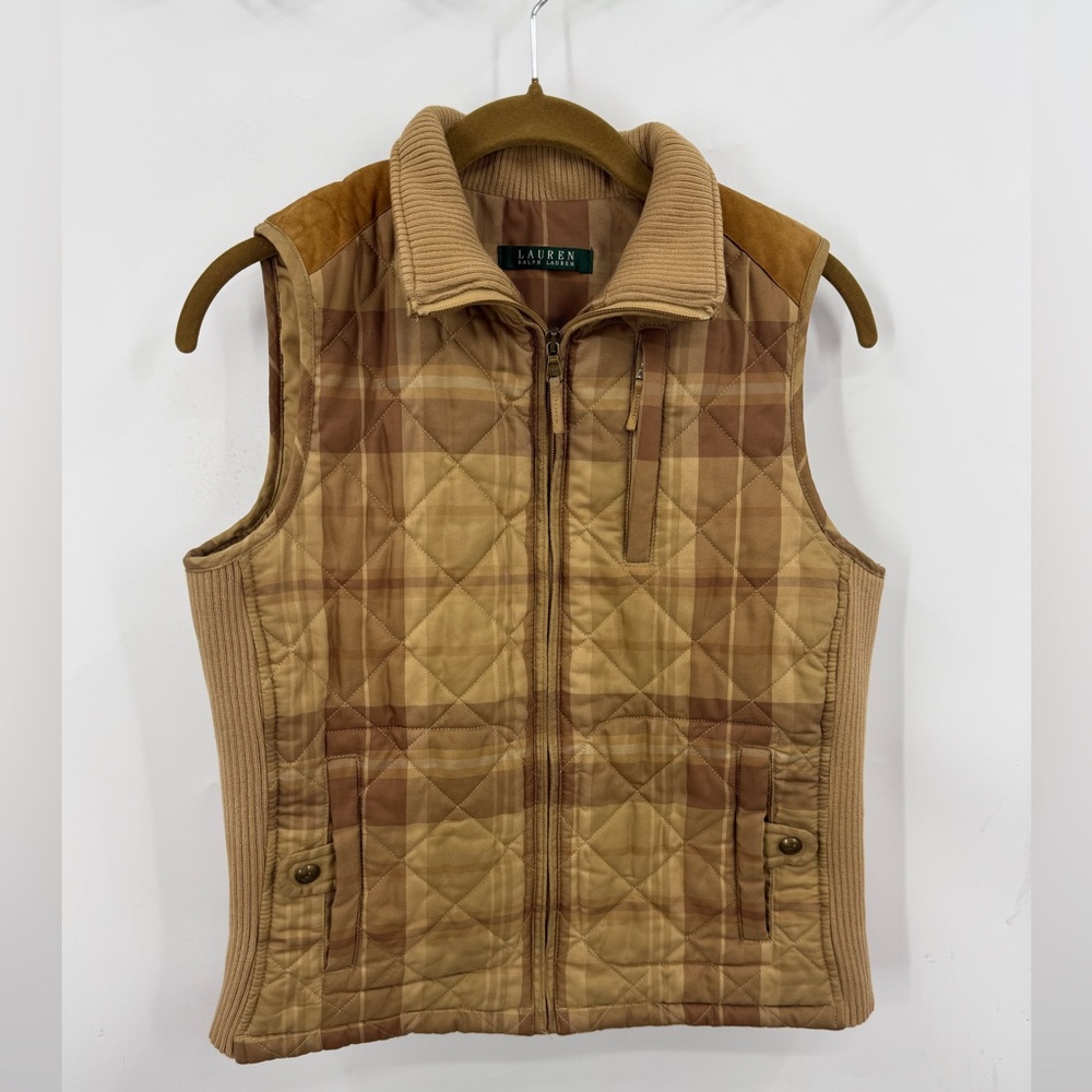Lauren Ralph Lauren quilted classic brown plaid equestrian-inspired vest S